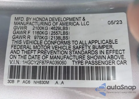 2023 Honda Accord Hybrid Touring/Touring z USA, uszkodzony, nr VIN 1HGCY2F87PA039060